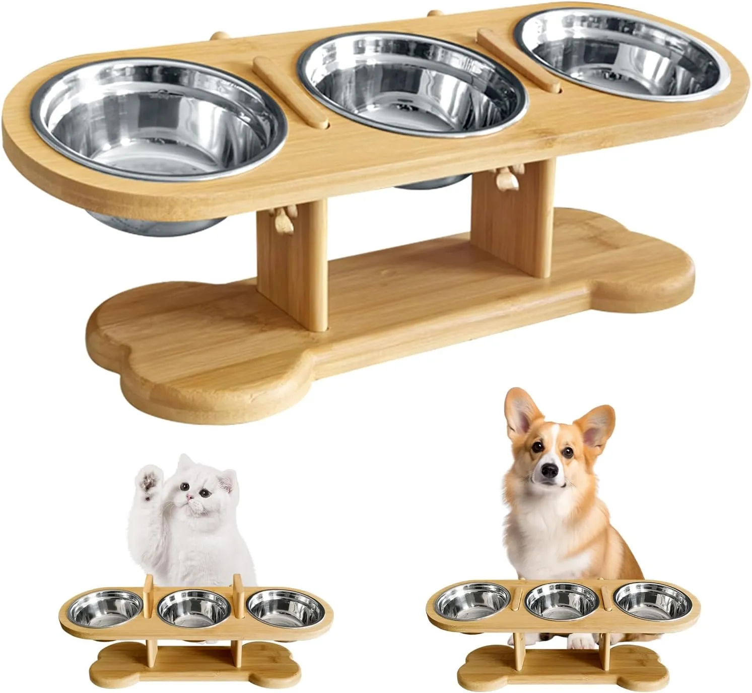 Elevated Dog Bowls for Small Dogs, 15 Tilted Raised Dog Bowl with Stand, Height Adjustable Cat Food Bowl with 3 Stainless Steel Bowls, Bamboo Pet Feeding Station for Cats and Small Dogs