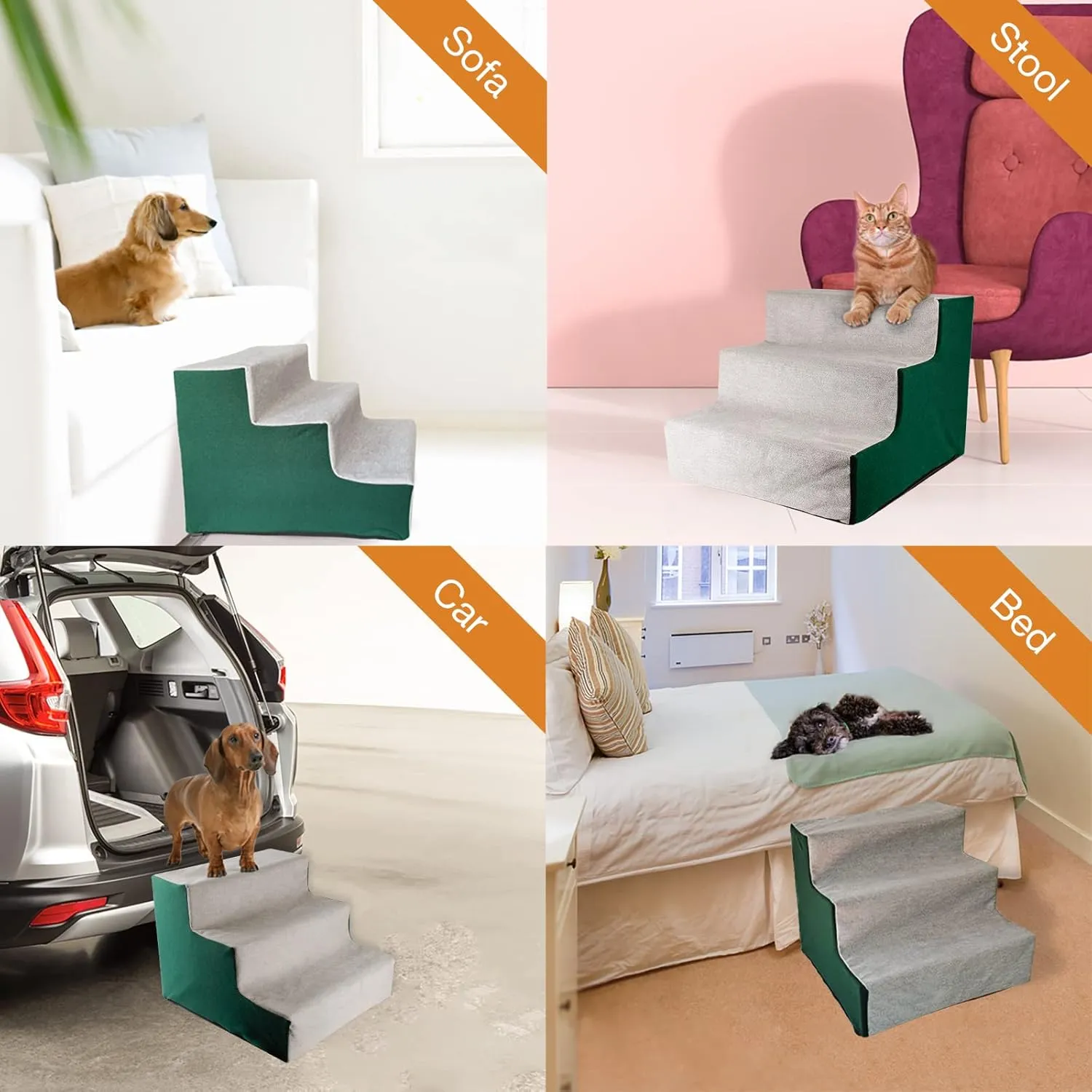 Enjoying Dog Stairs for High Bed and Couch Pet Steps for Small Dogs Short Legged Elderly Dogs Cat Ladder, Non-Slip, Self-Assembly, Washable, Green/Grey