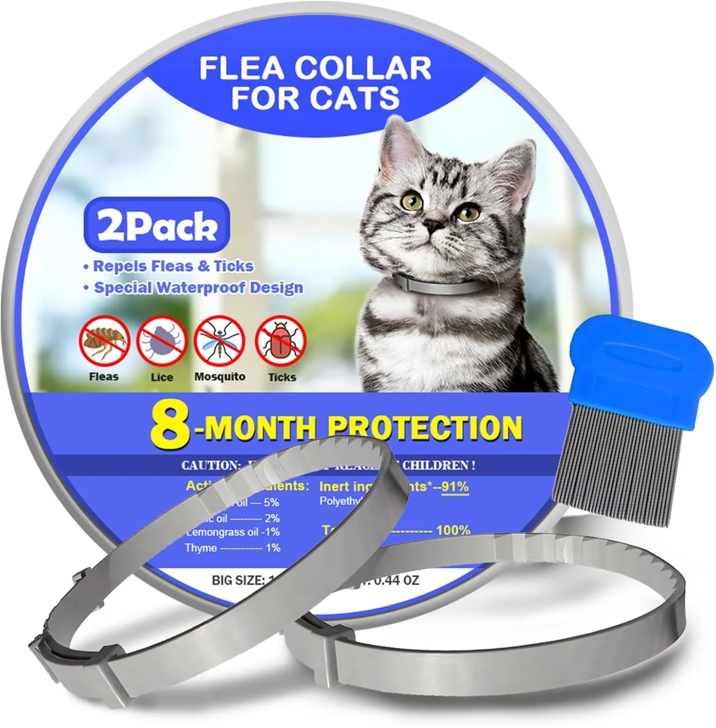 Flea and Tick Collar for Cats, 8 Months of Cat Flea Collar Protection 2 Collars Made with Premium Plant Based Essential