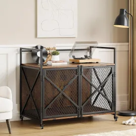 Furniture-Style Dog Crate with Locking Casters & Divider - Wooden Kennel for Large Dogs, Indoor Pet Cage with Removable Tray, Rustic Brown