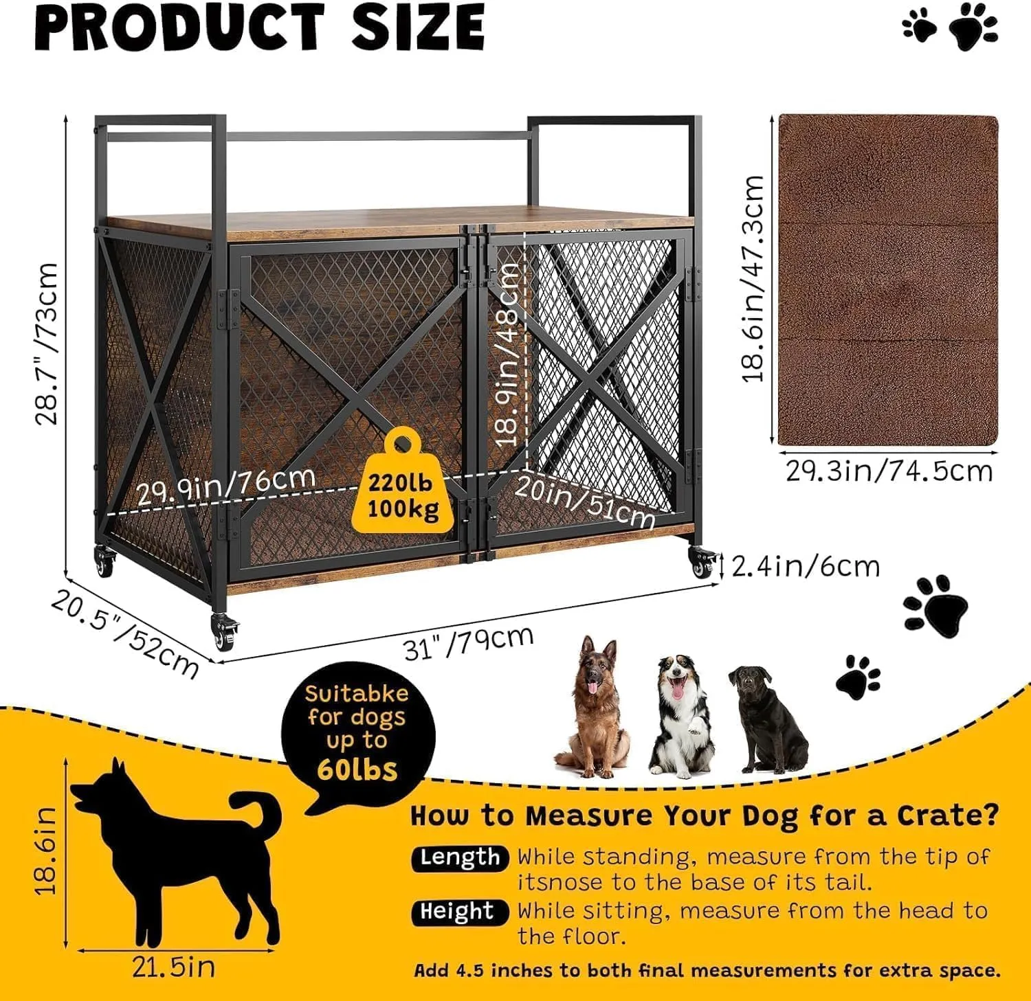 Furniture-Style Dog Crate with Locking Casters & Divider - Wooden Kennel for Large Dogs, Indoor Pet Cage with Removable Tray, Rustic Brown