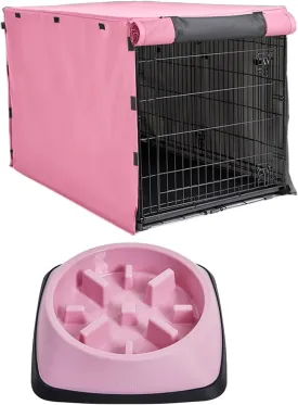 Gorilla Grip Heavy Duty Light Reducing Dog Crate Covers and Slow Feeder Dog and Cat Bowls, Crate Size 42 in, All Sides Open, Bowl 1 Cup, Prevents Puppy Overeating, Both Color Pink, 2 Item Bundle