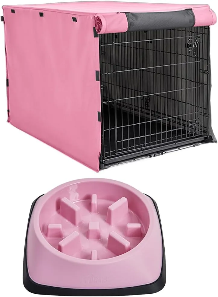 Gorilla Grip Heavy Duty Light Reducing Dog Crate Covers and Slow Feeder Dog and Cat Bowls, Crate Size 42 in, All Sides Open, Bowl 1 Cup, Prevents Puppy Overeating, Both Color Pink, 2 Item Bundle