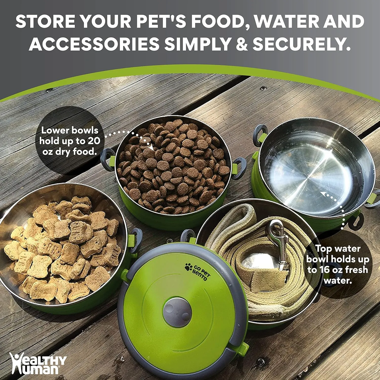 Healthy Human Travel Pet Bento Bowls - Human-Grade Stainless Steel & BPA-Free, Leak-Proof Water & Food Container Set for Dogs & Cats, 2-Pack Interlocking Bowls, Includes Spare Clips & Handle (Green)