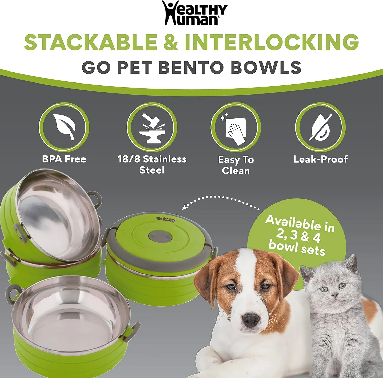 Healthy Human Travel Pet Bento Bowls - Human-Grade Stainless Steel & BPA-Free, Leak-Proof Water & Food Container Set for Dogs & Cats, 2-Pack Interlocking Bowls, Includes Spare Clips & Handle (Green)