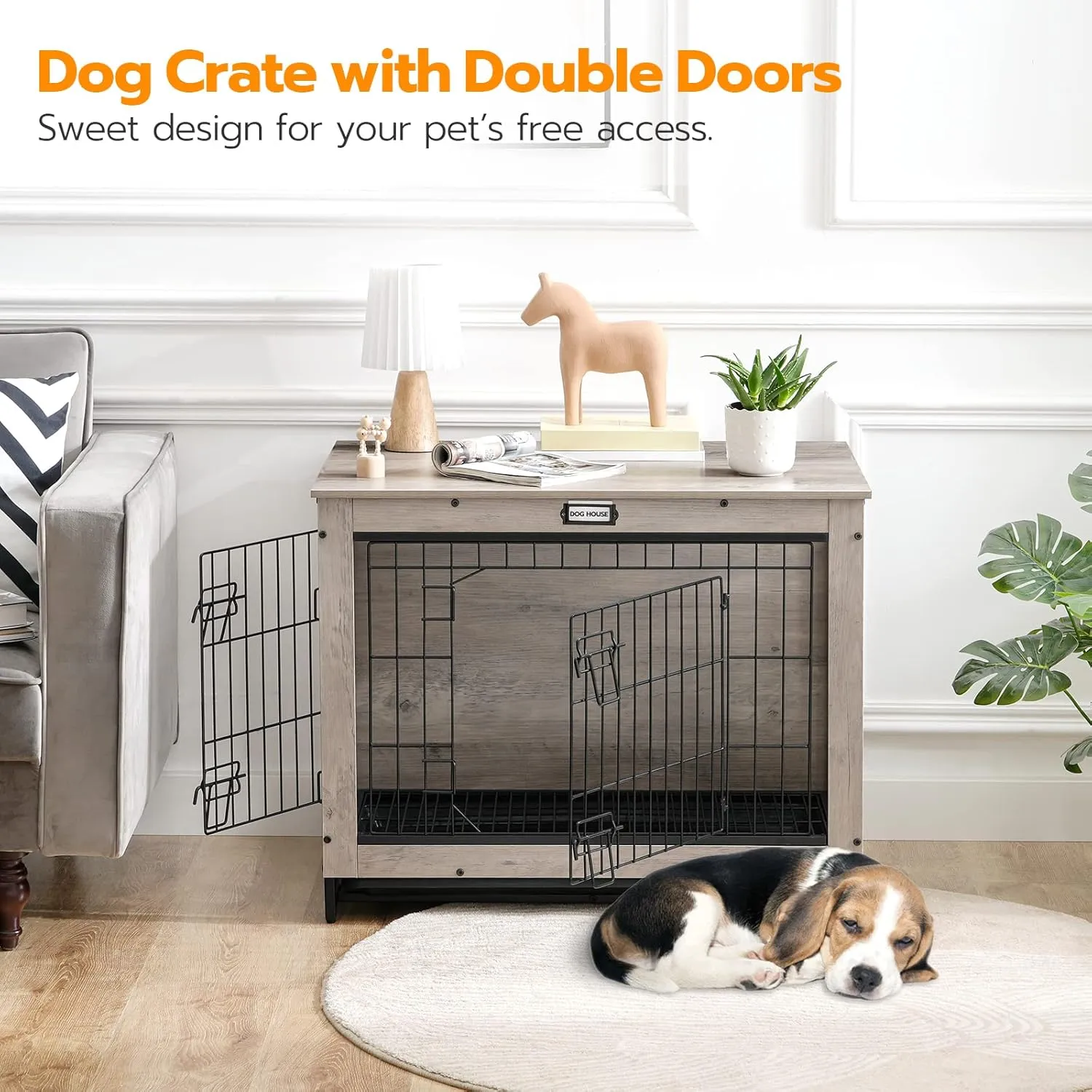 HOOBRO Dog Crate Furniture, 32.5" Medium Dog Kennel Indoor, Wooden Cage with Pull-Out Tray, Double Doors Pet House Side End Table for Medium/Small Dogs, Greige BG802GW03