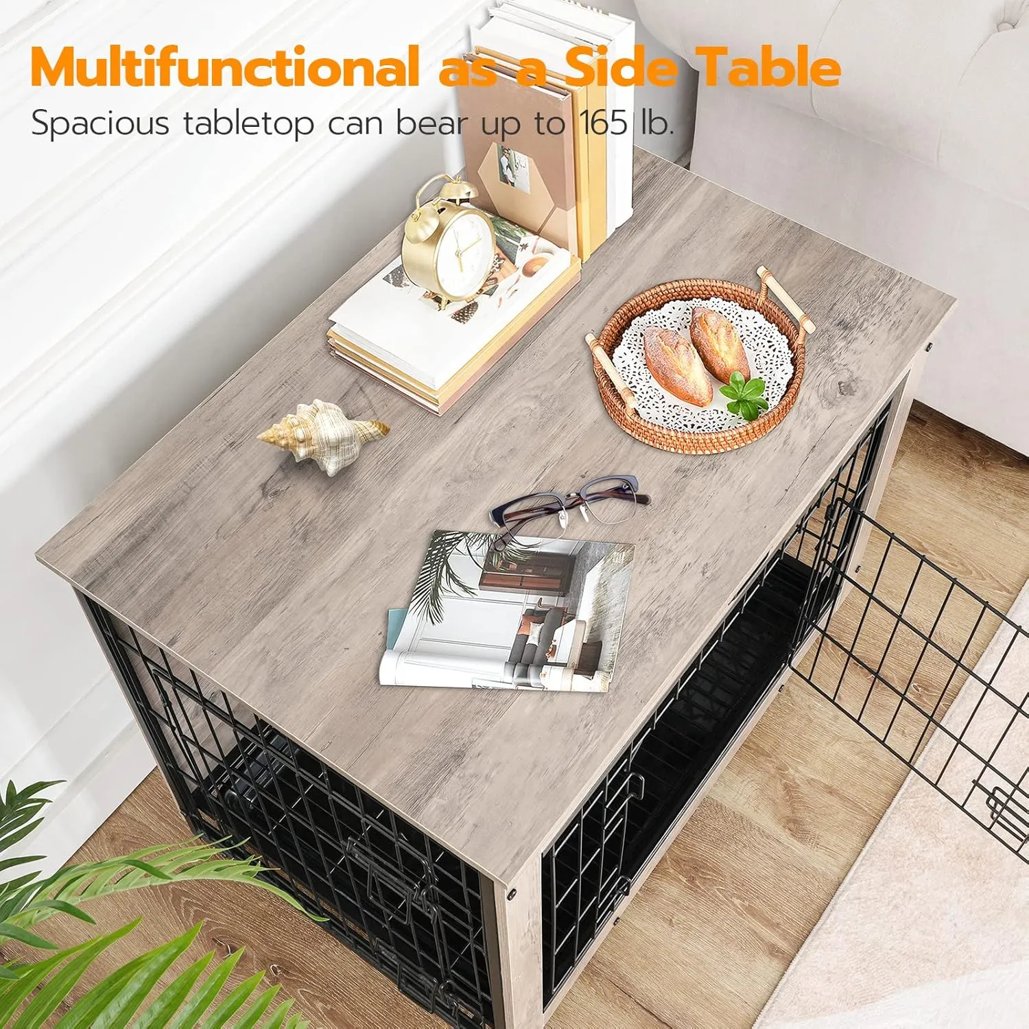 HOOBRO Dog Crate Furniture, 32.5" Medium Dog Kennel Indoor, Wooden Cage with Pull-Out Tray, Double Doors Pet House Side End Table for Medium/Small Dogs, Greige BG802GW03