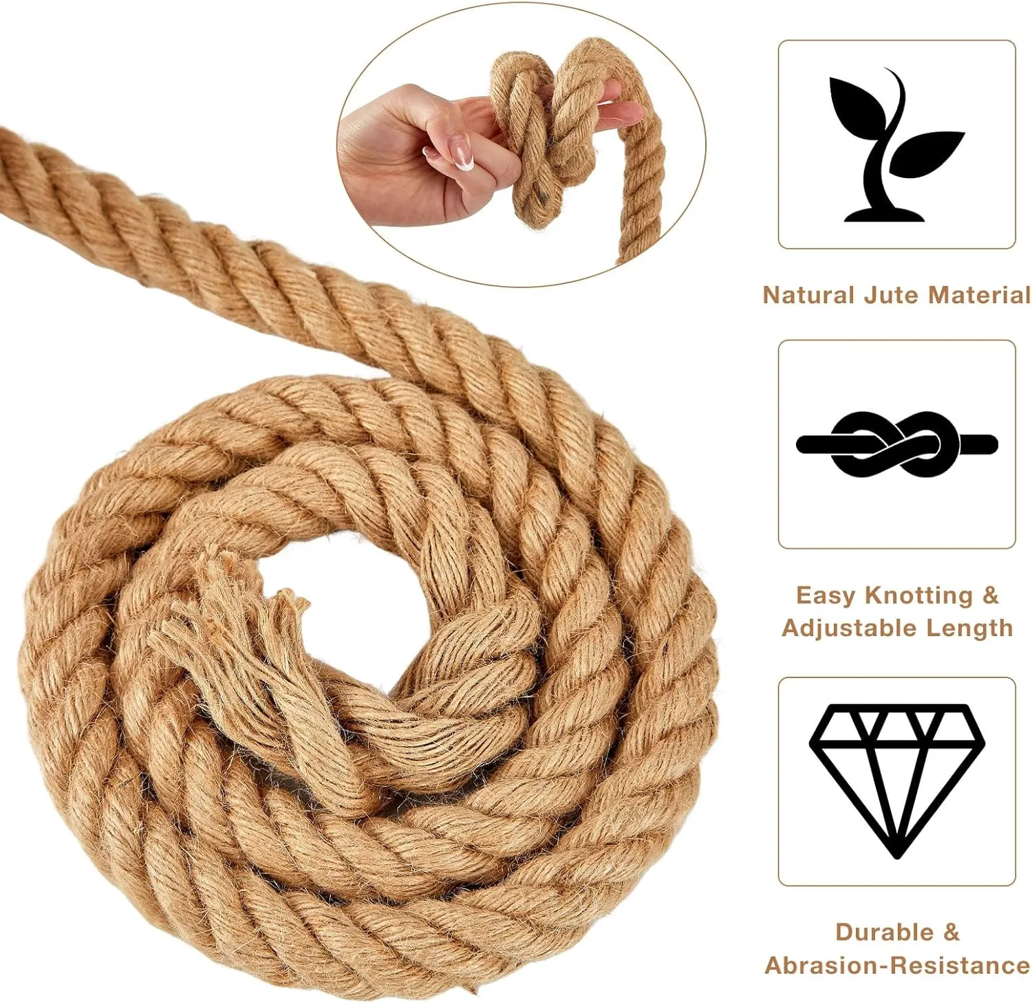 Jute Rope, 3/4 Inch x 50 FT, Heavy Duty, Brown, Rustic, Perfect for Home Decor, Crafts, Landscaping, Cat Scratching Posts, Camping