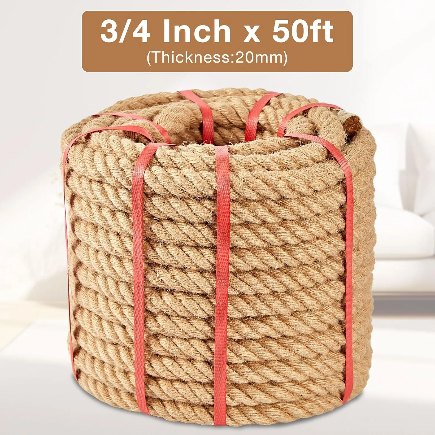 Jute Rope, 3/4 Inch x 50 FT, Heavy Duty, Brown, Rustic, Perfect for Home Decor, Crafts, Landscaping, Cat Scratching Posts, Camping