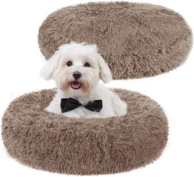 Kacctyen 2Pcs Small Dog Bed Plush Calming Dog and Cat Bed Anti Slip Washable Soft Pet Beds Anti Anxiety Donut Fluffy Faux Fur Dog Bed 23'' Comfortable Fuzzy Round Bed for Puppy Kitten (Khaki)