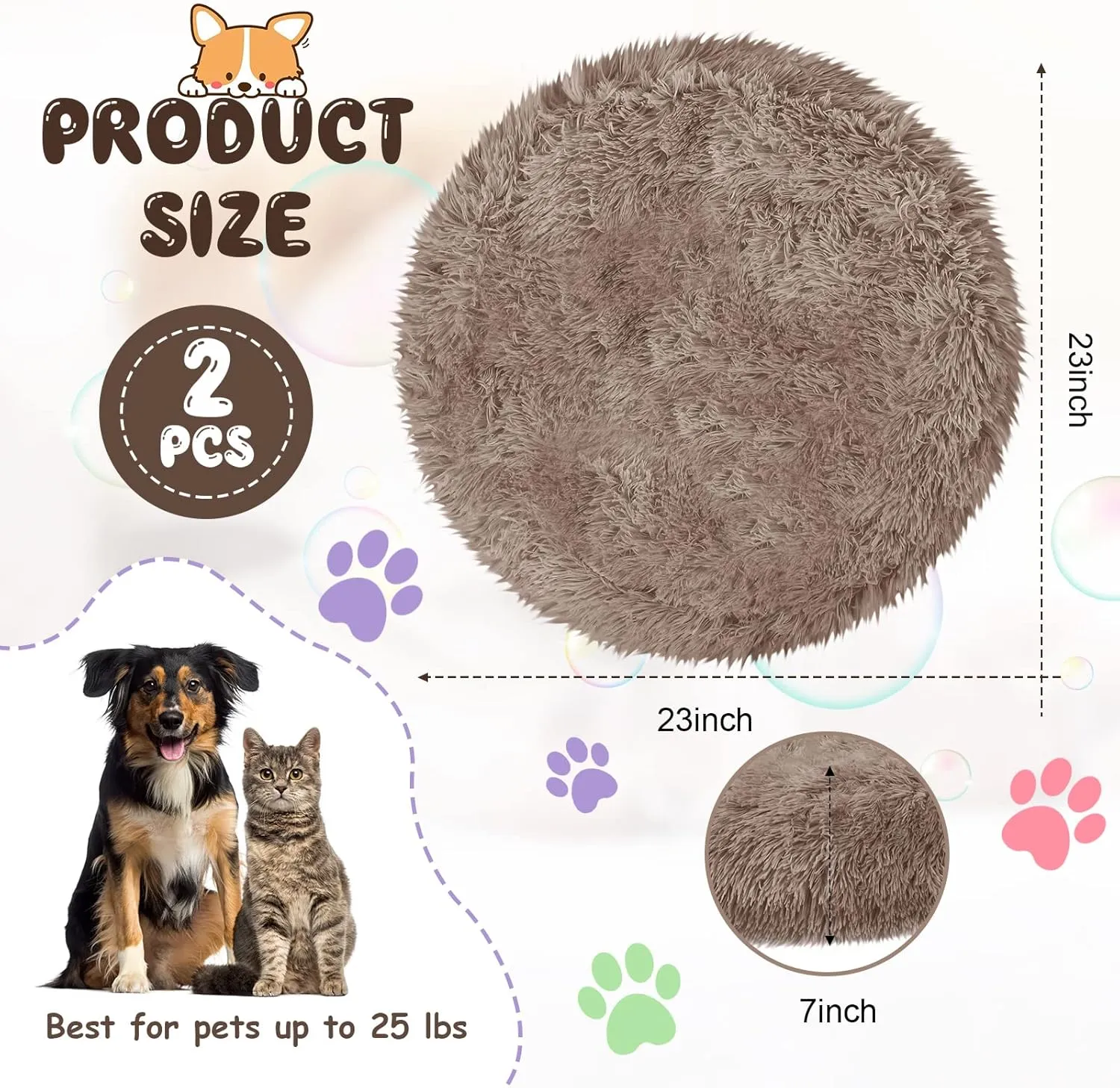 Kacctyen 2Pcs Small Dog Bed Plush Calming Dog and Cat Bed Anti Slip Washable Soft Pet Beds Anti Anxiety Donut Fluffy Faux Fur Dog Bed 23'' Comfortable Fuzzy Round Bed for Puppy Kitten (Khaki)