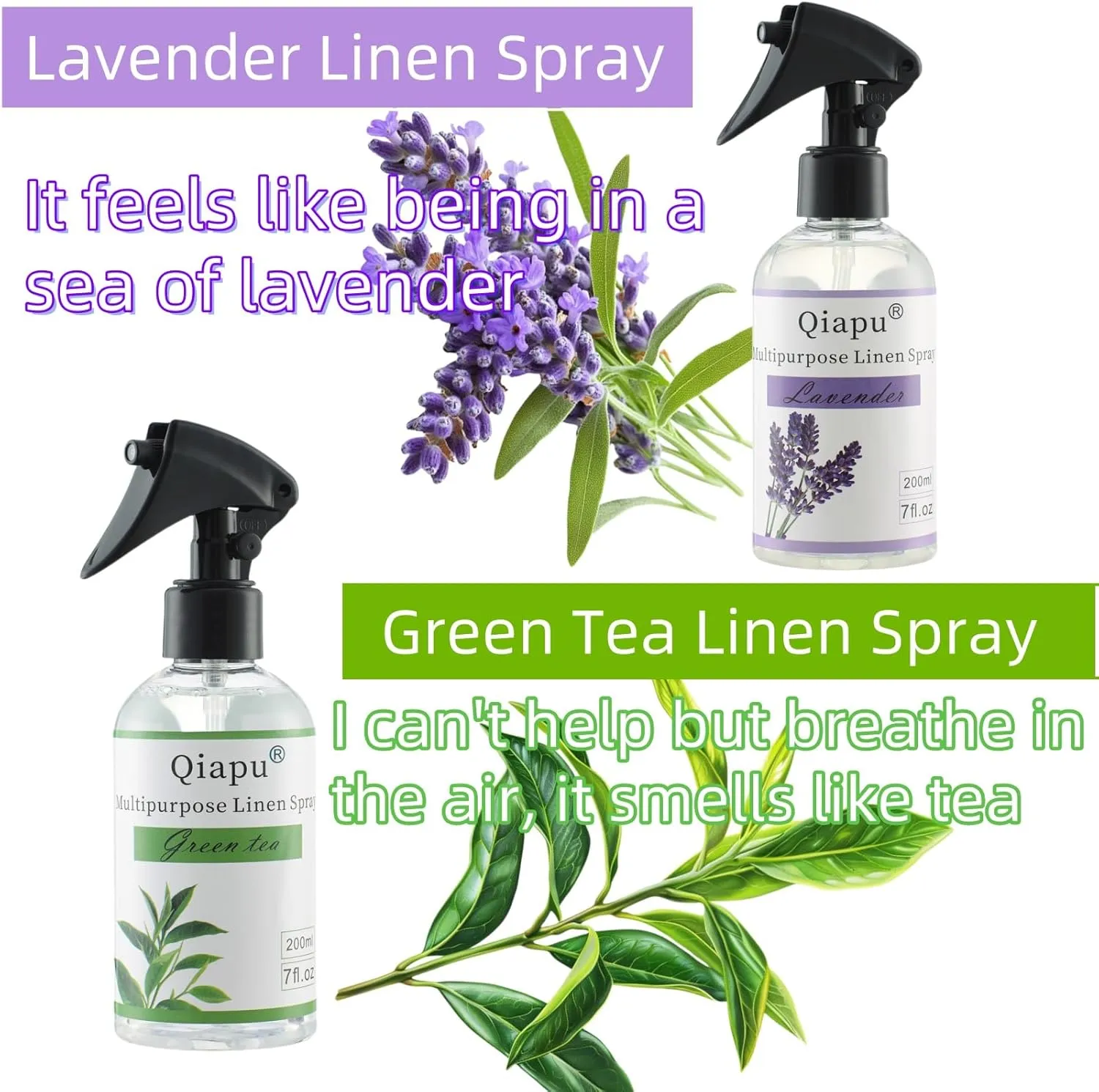 Lavender & Green Tea Linen Spray  Natural Air Freshener Mist for Pillows, Sheets, and Fabrics with Essential Oils for Relaxation and Sleep 2PCS