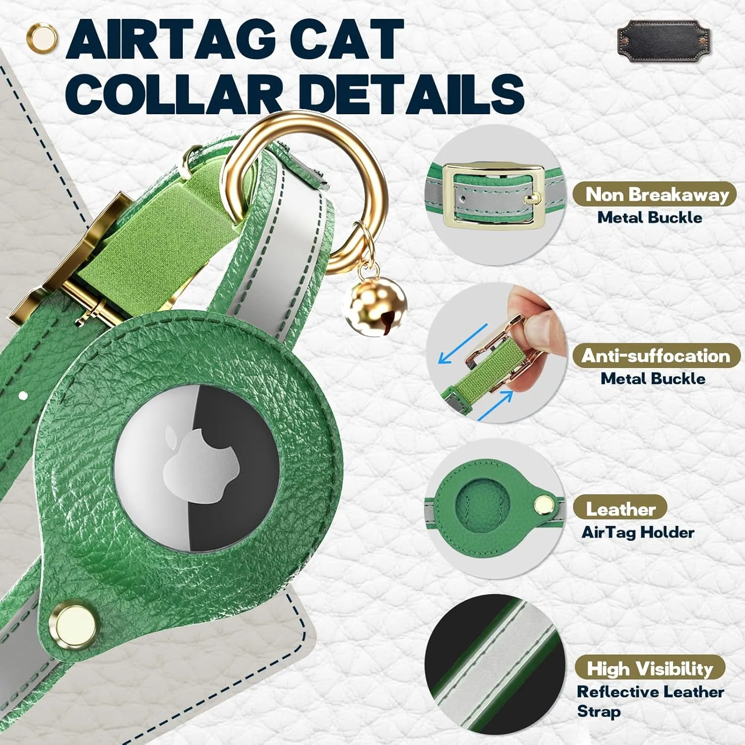 Leather AirTag Cat Collar Non Breakaway, Reflective GPS Cat Collar Adjustable with Bell and Elastic Strap for Kittens, Lightweight Cat Airtag Collar for Cats, Puppies (Green)