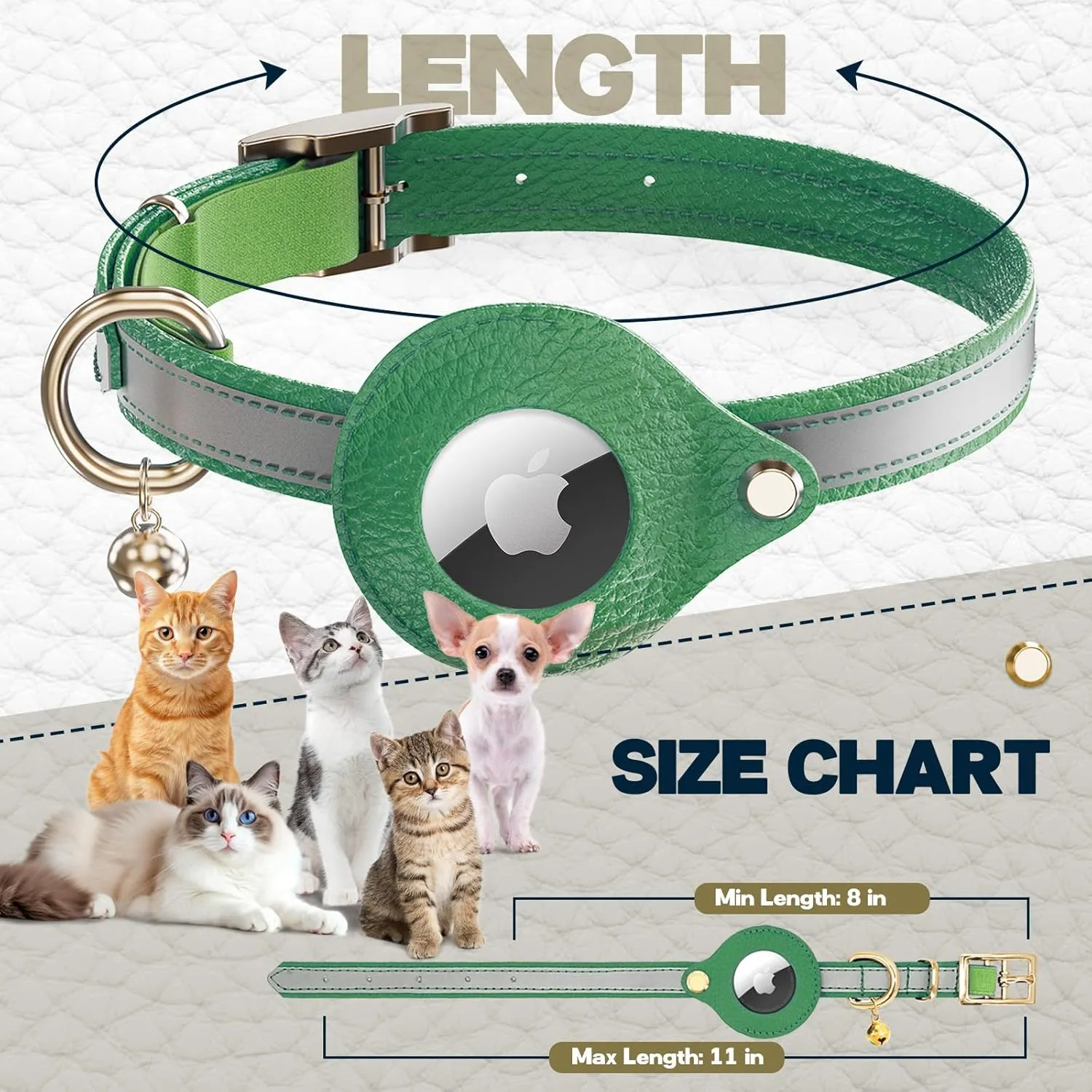 Leather AirTag Cat Collar Non Breakaway, Reflective GPS Cat Collar Adjustable with Bell and Elastic Strap for Kittens, Lightweight Cat Airtag Collar for Cats, Puppies (Green)