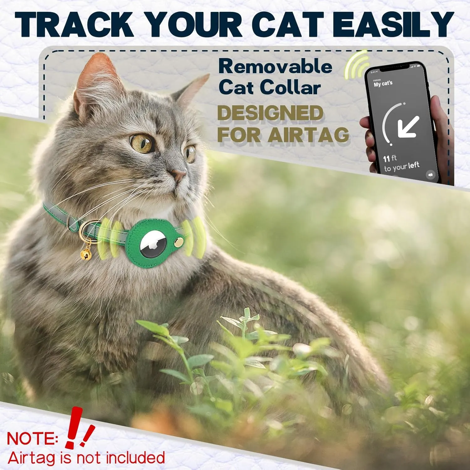Leather AirTag Cat Collar Non Breakaway, Reflective GPS Cat Collar Adjustable with Bell and Elastic Strap for Kittens, Lightweight Cat Airtag Collar for Cats, Puppies (Green)