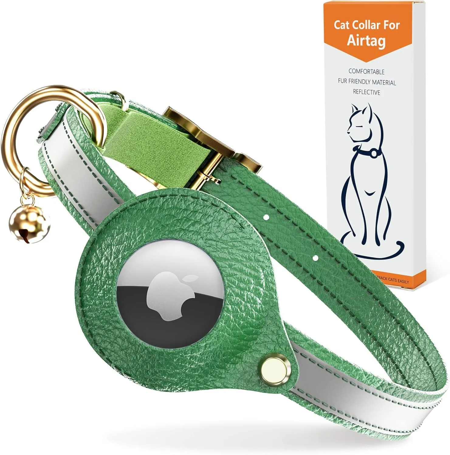 Leather AirTag Cat Collar Non Breakaway, Reflective GPS Cat Collar Adjustable with Bell and Elastic Strap for Kittens, Lightweight Cat Airtag Collar for Cats, Puppies (Green)