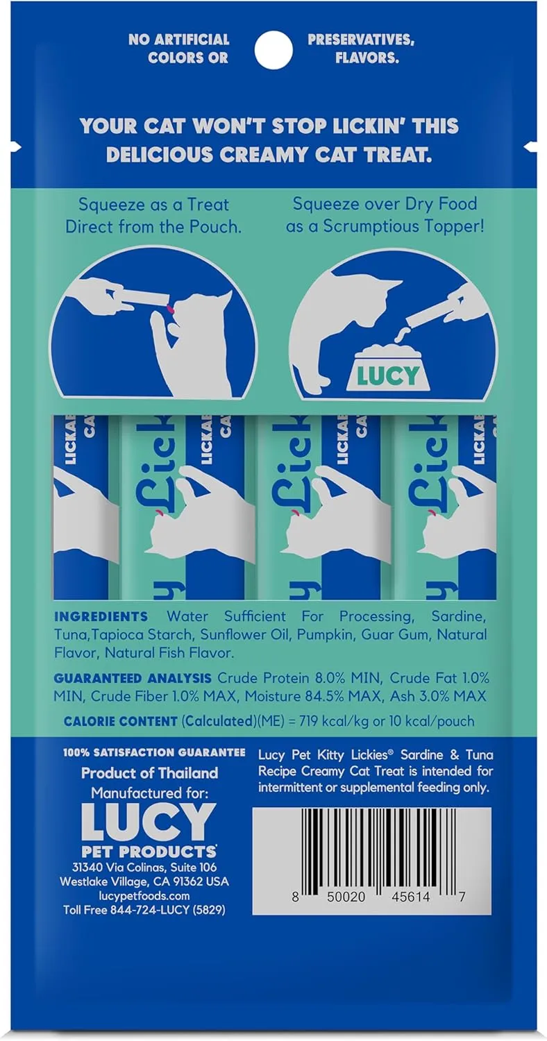 Lucy Pet Products Kitty Lickies Creamy Lickable Cat Treat, Sardine and Tuna Recipe, 2oz.