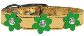 Metallic Flower Leather Collar Gold With Metallic Emerald Green Flowers Size 18