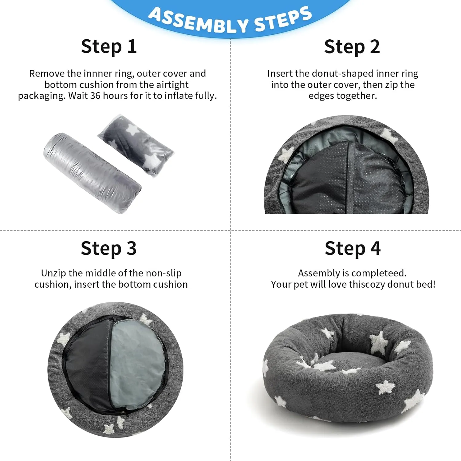 Mora Pets Donut Small Dog Bed - Round Cat Bed for Indoor Cats with Washable Removable Cover, Calming Fluffy Circle Pet Bed Anti-Anxiety for Dog Cat Puppy Kitten, Grey 20"