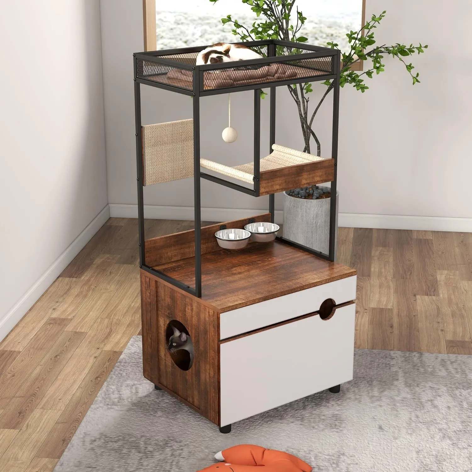 Multi-Functional Cat Litter Box Enclosure with Cat Tree & Storage