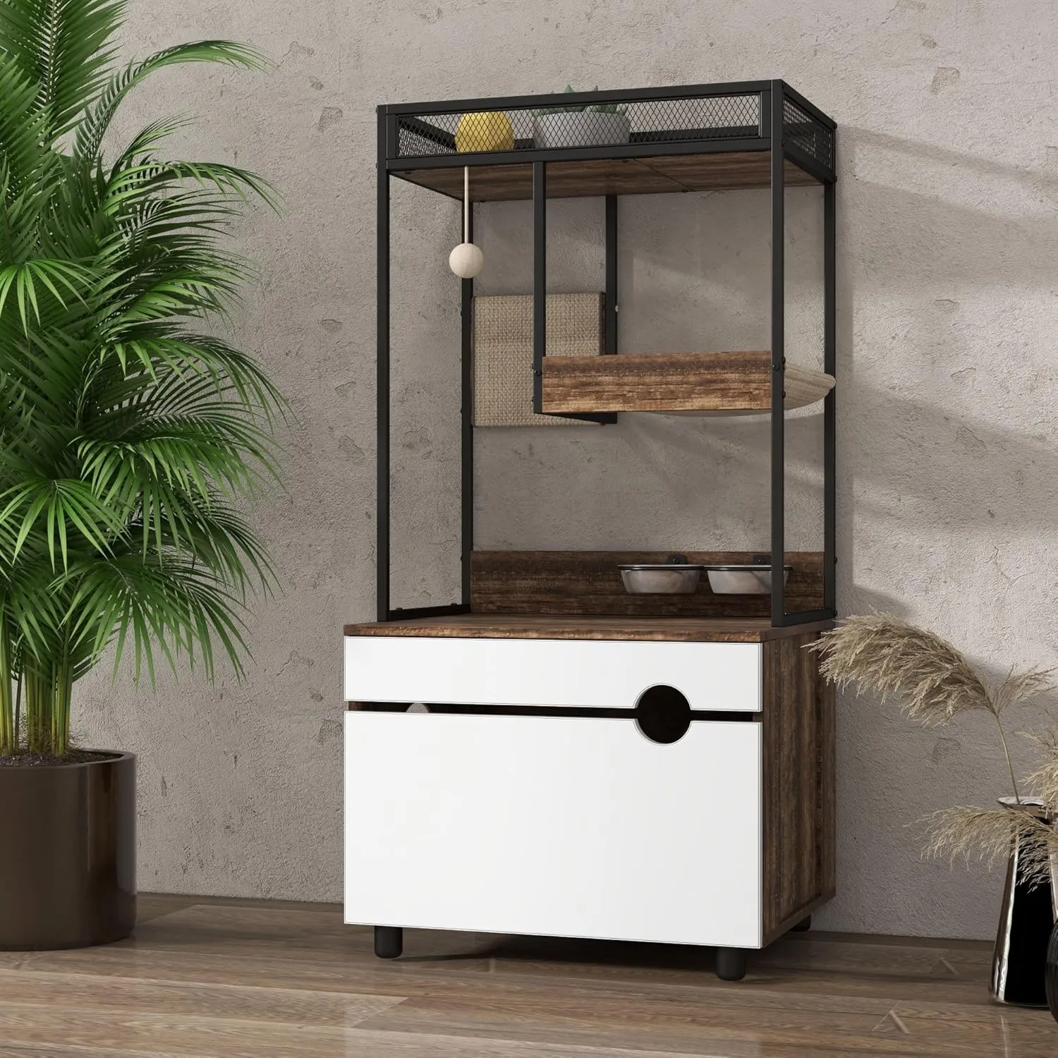 Multi-Functional Cat Litter Box Enclosure with Cat Tree & Storage