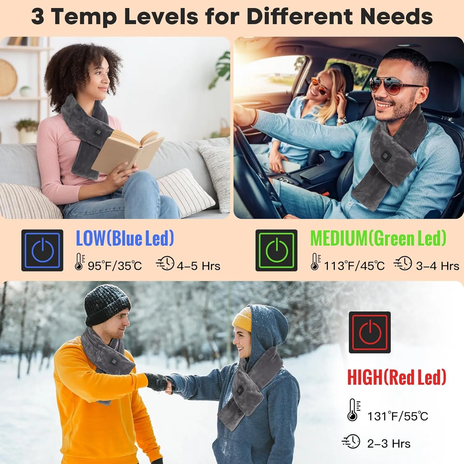 Neck Heating Pad Cordless, Rechargeable Heated Scarf with 5000mAh Power Bank, Portable Neck Warmer with 3 Heating Levels, Heating Pad for Neck Pain Relief and Stiffness, Christmas Gift, Grey