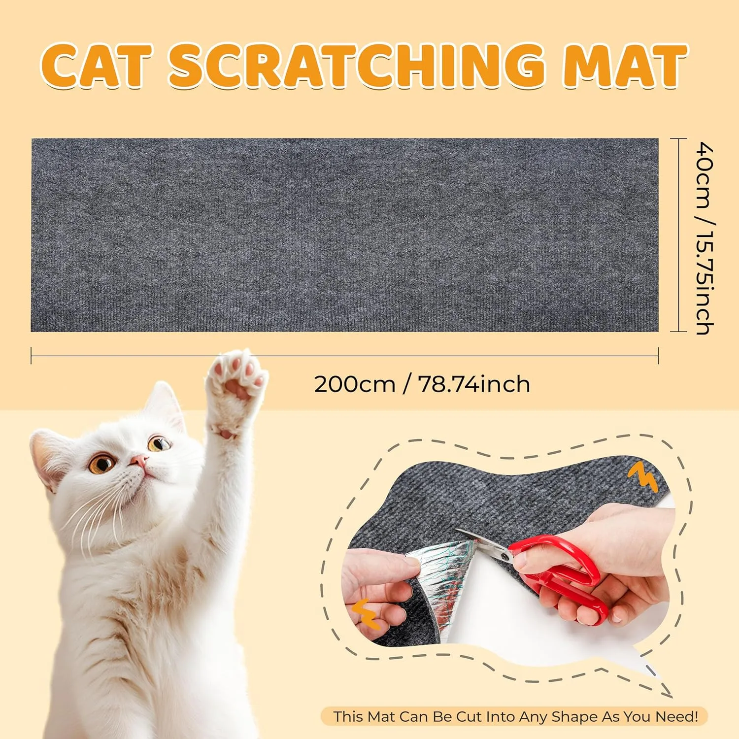PatiencET Cat Scratching Mat Self-Adhesive, Trimmable Carpet Cat Scratcher Mat for Wall Couch Floor Door, Cat Scratch Carpet Protector for Furniture (78.7"X15.8", Dark Grey)