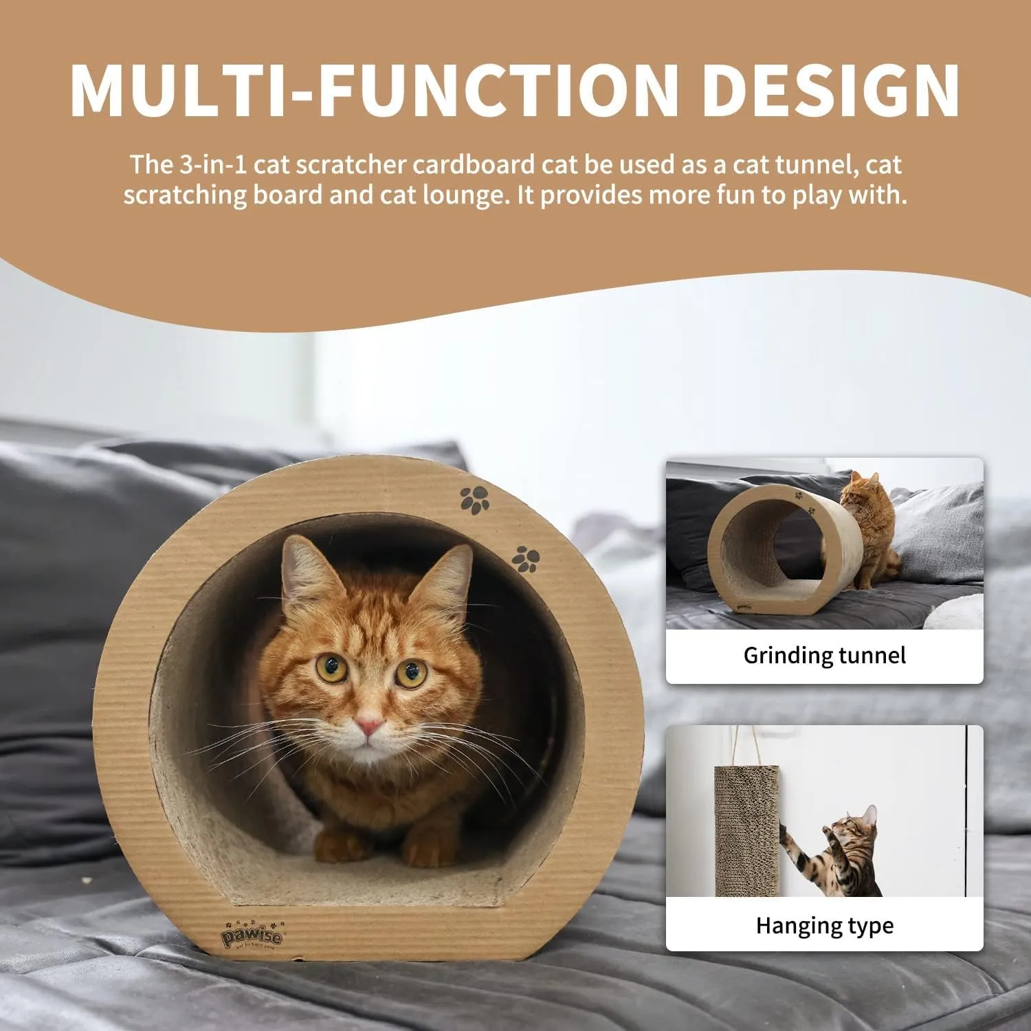 PAWISE 3-in-1 Cat Scratcher Tunnel, Reversible Cardboard Cat Scratch Pad, Interactive Kitty Scratching Lounge & Hideaway, Durable Cat Scratching Post Alternative for Kittens & Cats (13" x 12" x 11")