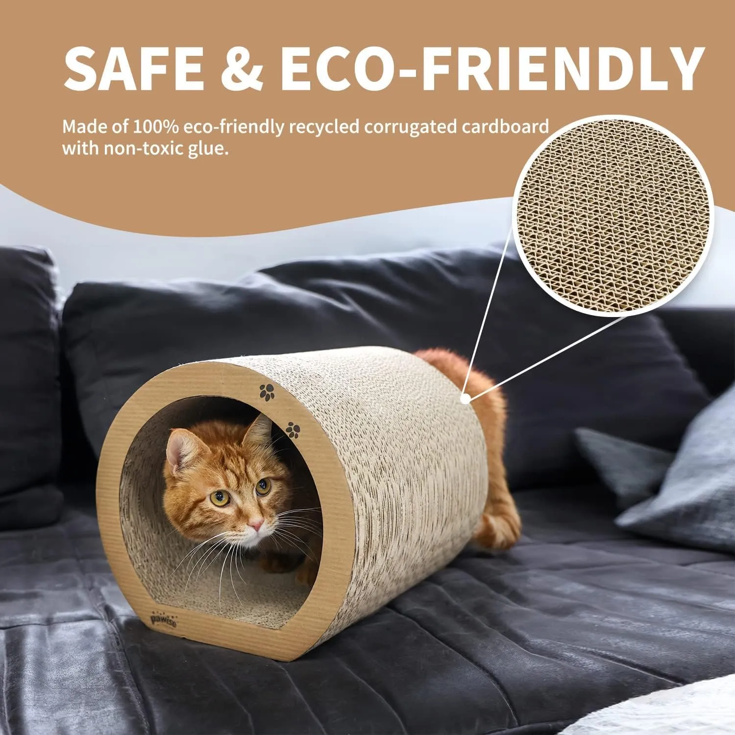 PAWISE 3-in-1 Cat Scratcher Tunnel, Reversible Cardboard Cat Scratch Pad, Interactive Kitty Scratching Lounge & Hideaway, Durable Cat Scratching Post Alternative for Kittens & Cats (13" x 12" x 11")