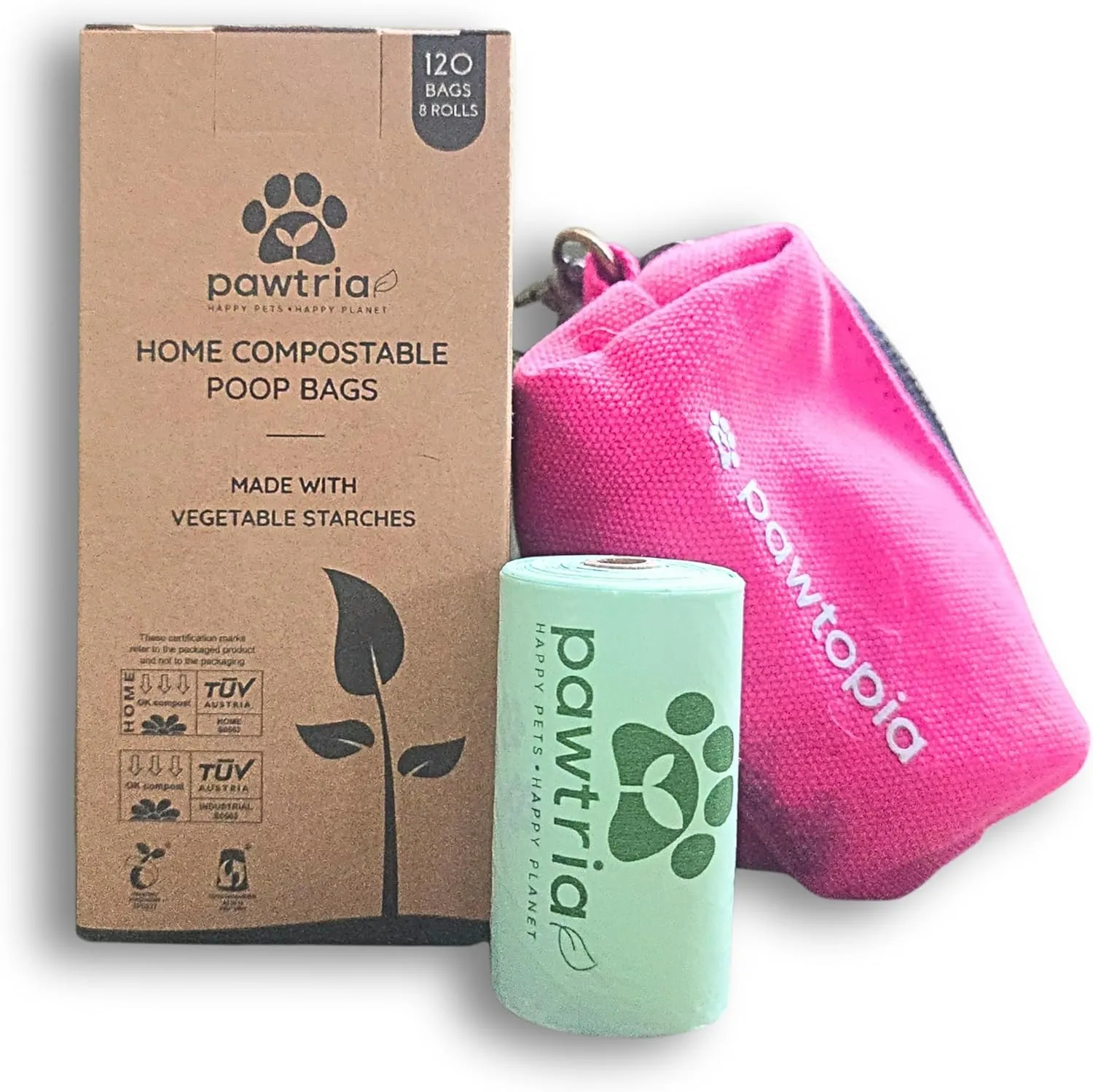 Pawtria Bundle Product of 120 Pet Waste Bags and 1 Canvas Dispenser (Pink), Vegetable Starches, Eco-friendly Dog Waste Bags, Leak proof, Easy to Open, Give Back, Fabric poop bag holder