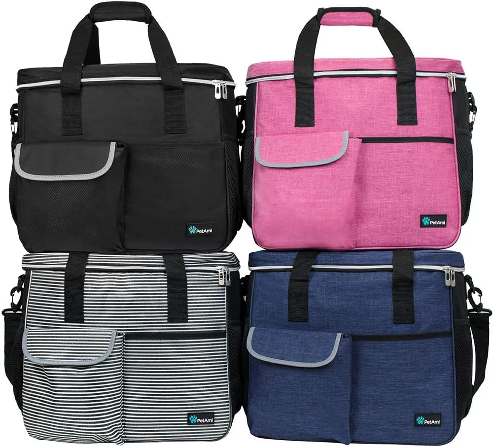 PetAmi Dog Travel Bag - Organizer with Food Container, Bowls & Accessories for Weekend Camping, Cat Diaper Bag (Stripe Black, Large)