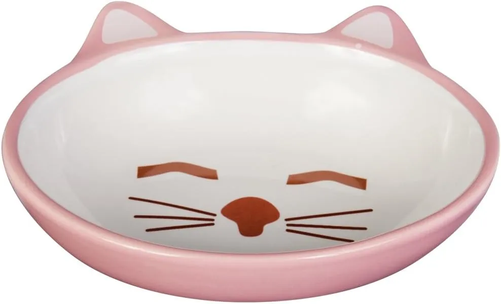 PetRageous 70658 Oval Frisky Kitty Stoneware Cat Bowl 5.5-Inch Wide and 1.5-Inch Tall Saucer with 5.3-Ounce Capacity and Dishwasher Safe is Great for Cats, Ceramic, Pink