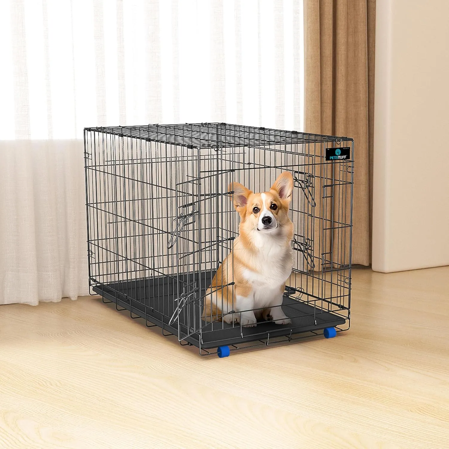 PETS TUFF Great CRATES 42 X-Large Dog Crate - Heavy-Duty Dog Kennel with Divider Panel for Pets 65-85lbs - Durable Leaf-Proof Tray - Foldable, Carry Handle & Wheels for Easy Moving