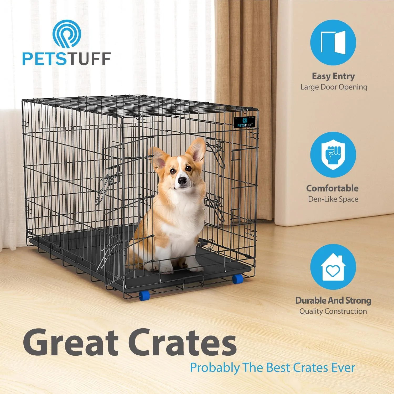 PETS TUFF Great CRATES 42 X-Large Dog Crate - Heavy-Duty Dog Kennel with Divider Panel for Pets 65-85lbs - Durable Leaf-Proof Tray - Foldable, Carry Handle & Wheels for Easy Moving