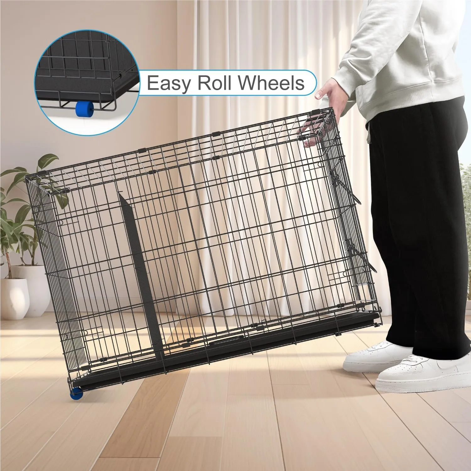 PETS TUFF Great CRATES 42 X-Large Dog Crate - Heavy-Duty Dog Kennel with Divider Panel for Pets 65-85lbs - Durable Leaf-Proof Tray - Foldable, Carry Handle & Wheels for Easy Moving