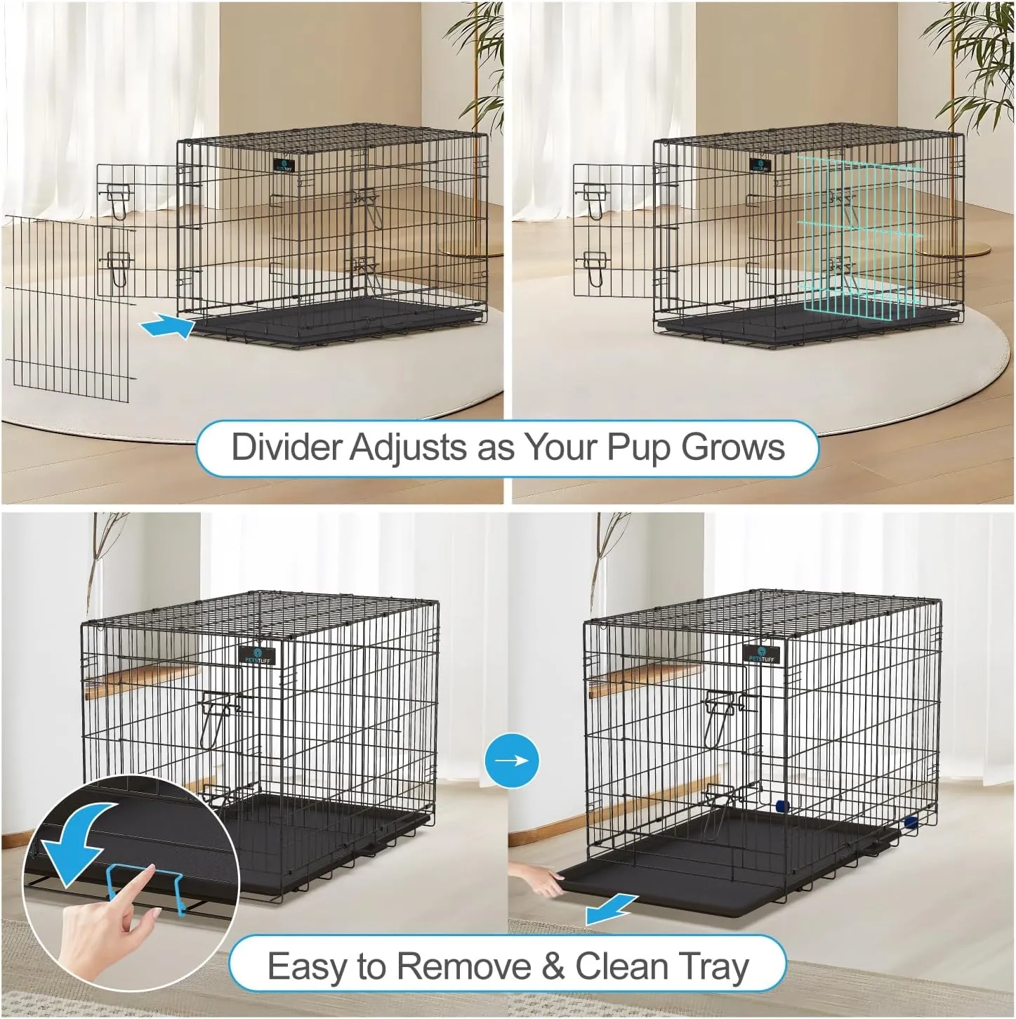 PETS TUFF Great CRATES 42 X-Large Dog Crate - Heavy-Duty Dog Kennel with Divider Panel for Pets 65-85lbs - Durable Leaf-Proof Tray - Foldable, Carry Handle & Wheels for Easy Moving