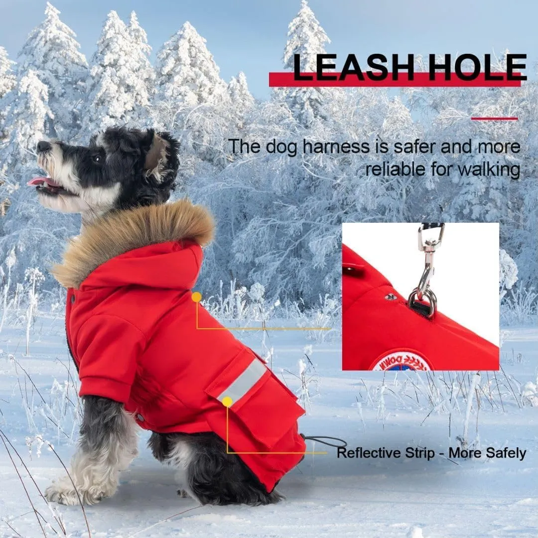 PINA Dog Coats - Waterproof Winter Jacket with Flannel Lining, Faux Fur Hood & Pocket for Small Dogs