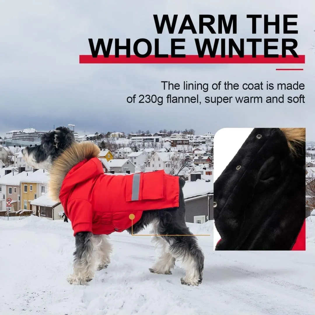 PINA Dog Coats - Waterproof Winter Jacket with Flannel Lining, Faux Fur Hood & Pocket for Small Dogs
