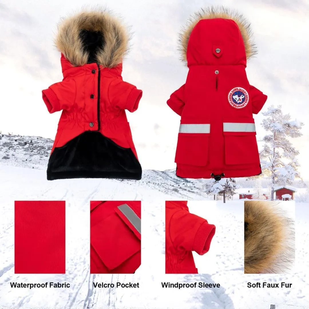 PINA Dog Coats - Waterproof Winter Jacket with Flannel Lining, Faux Fur Hood & Pocket for Small Dogs