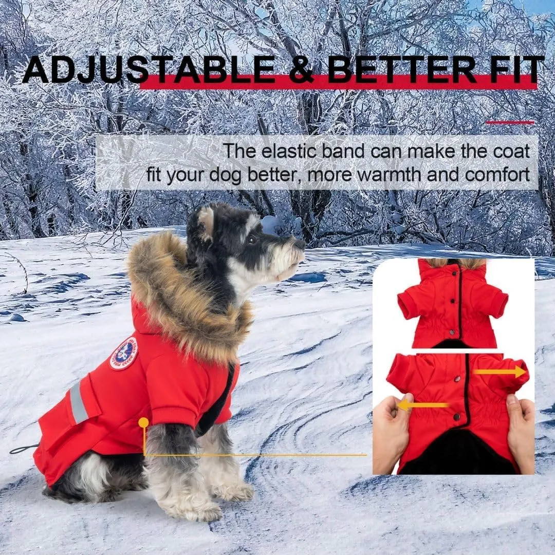 PINA Dog Coats - Waterproof Winter Jacket with Flannel Lining, Faux Fur Hood & Pocket for Small Dogs
