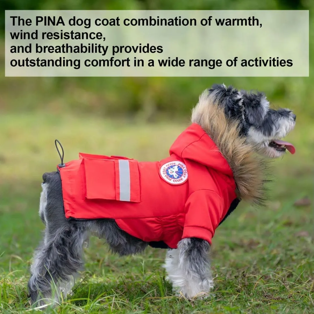 PINA Dog Coats - Waterproof Winter Jacket with Flannel Lining, Faux Fur Hood & Pocket for Small Dogs