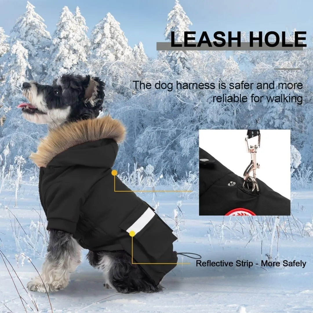 PINA Small Dog Coats - Waterproof Winter Jacket with Flannel Lining, Faux Fur Hood & Pocket