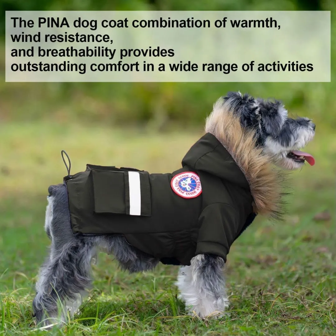 PINA Small Dog Coats - Waterproof Winter Jacket with Flannel Lining, Faux Fur Hood & Pocket
