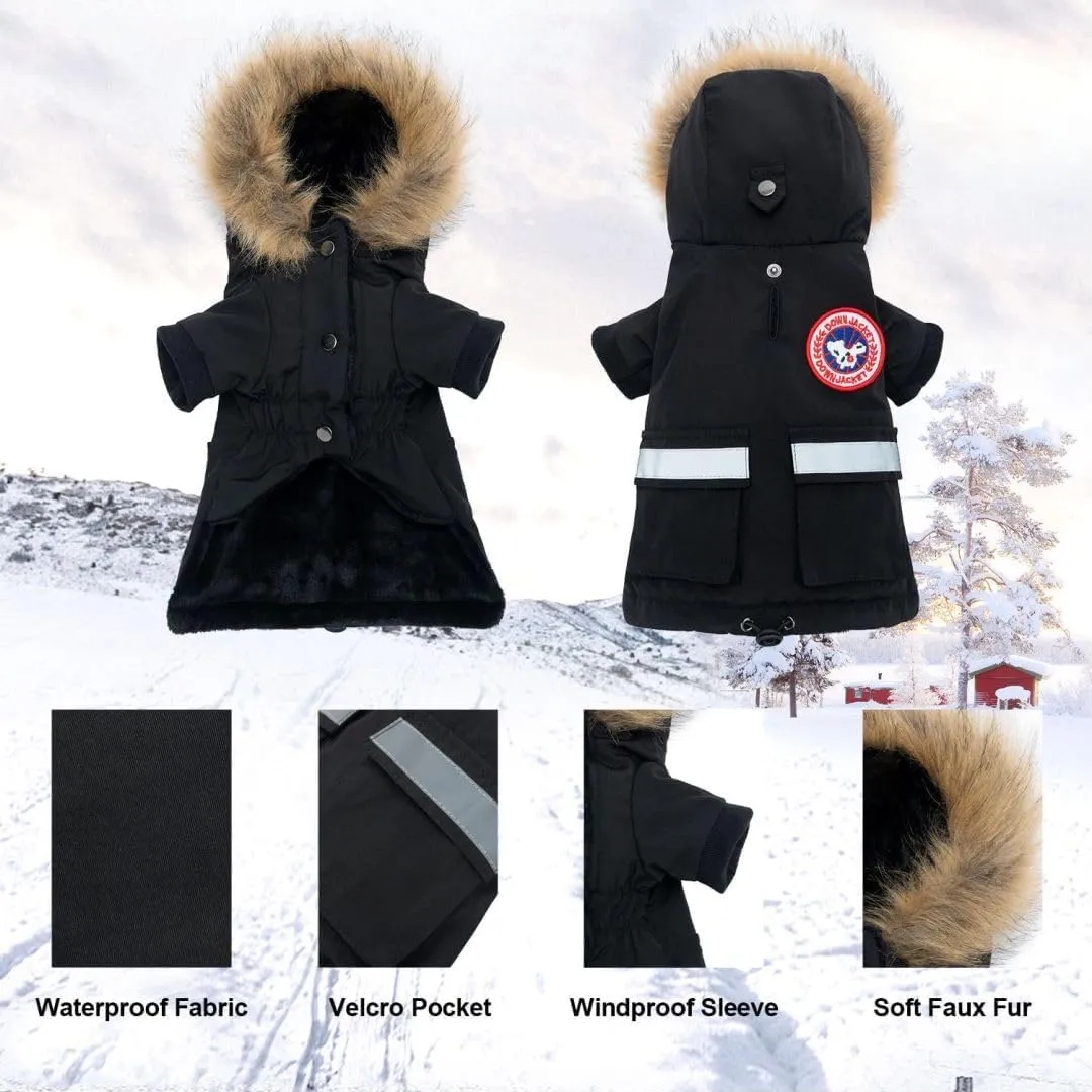 PINA Small Dog Coats - Waterproof Winter Jacket with Flannel Lining, Faux Fur Hood & Pocket