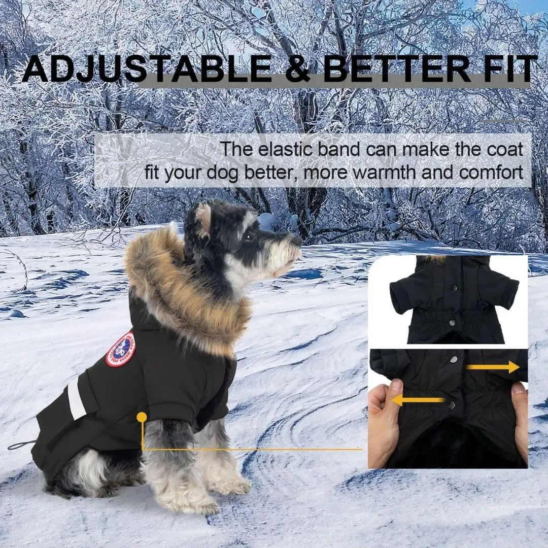 PINA Small Dog Coats - Waterproof Winter Jacket with Flannel Lining, Faux Fur Hood & Pocket