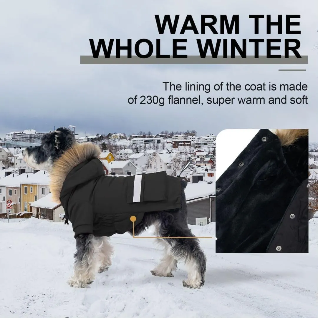 PINA Small Dog Coats - Waterproof Winter Jacket with Flannel Lining, Faux Fur Hood & Pocket