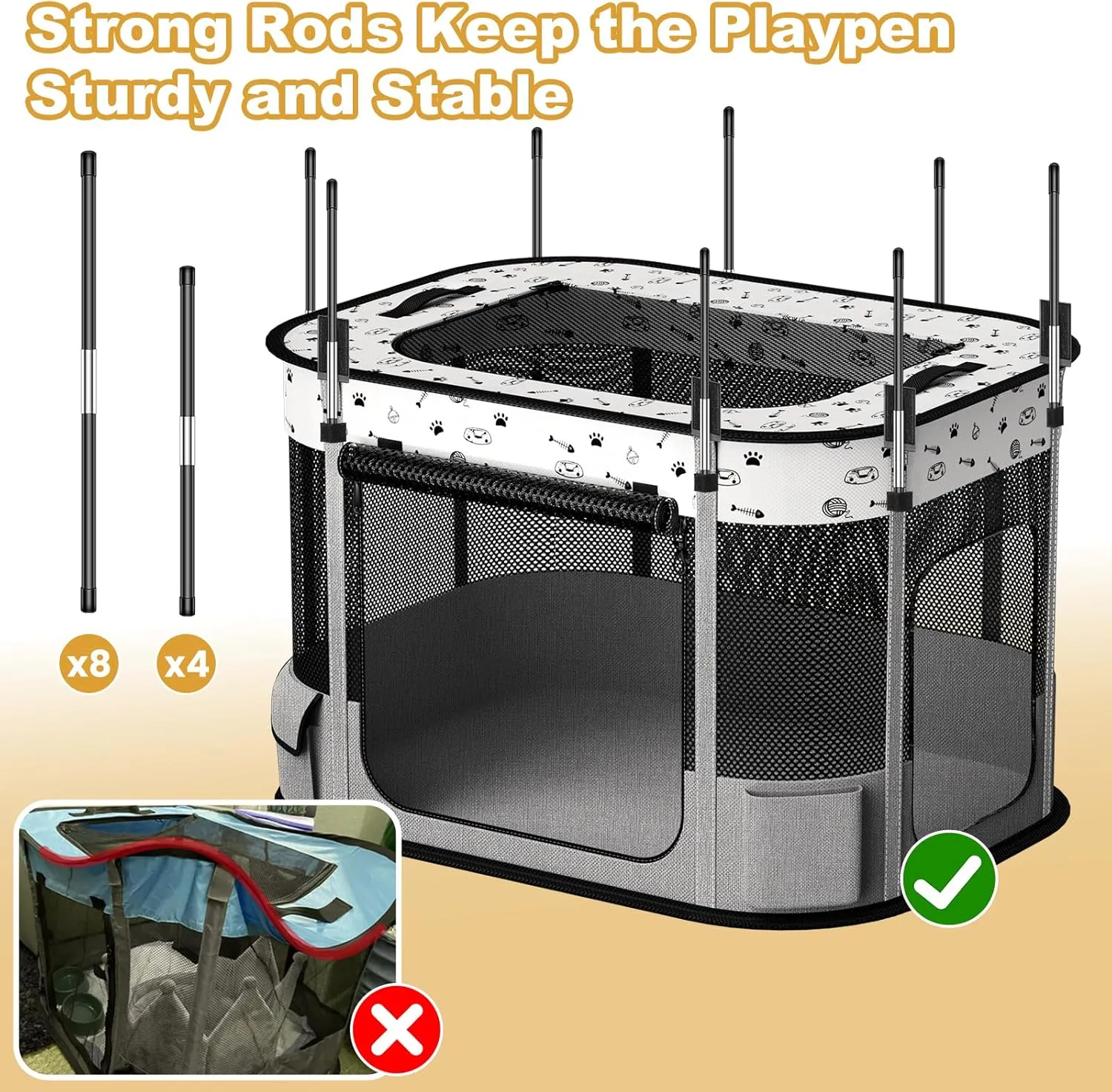 Portable Cat Playpen, 8-Rod Reinforced Kitten Dog Playpens, Foldable Play Pen for Indoor Cats Enclosed Pet Puppy Doggy Outdoor, Collapsible Tent Kennel Cage, Gray