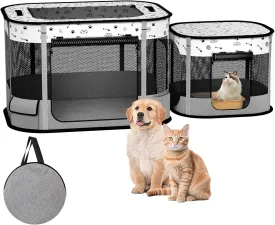 Portable Cat Playpen, 8-Rod Reinforced Kitten Dog Playpens, Foldable Play Pen for Indoor Cats Enclosed Pet Puppy Doggy Outdoor, Collapsible Tent Kennel Cage, Gray