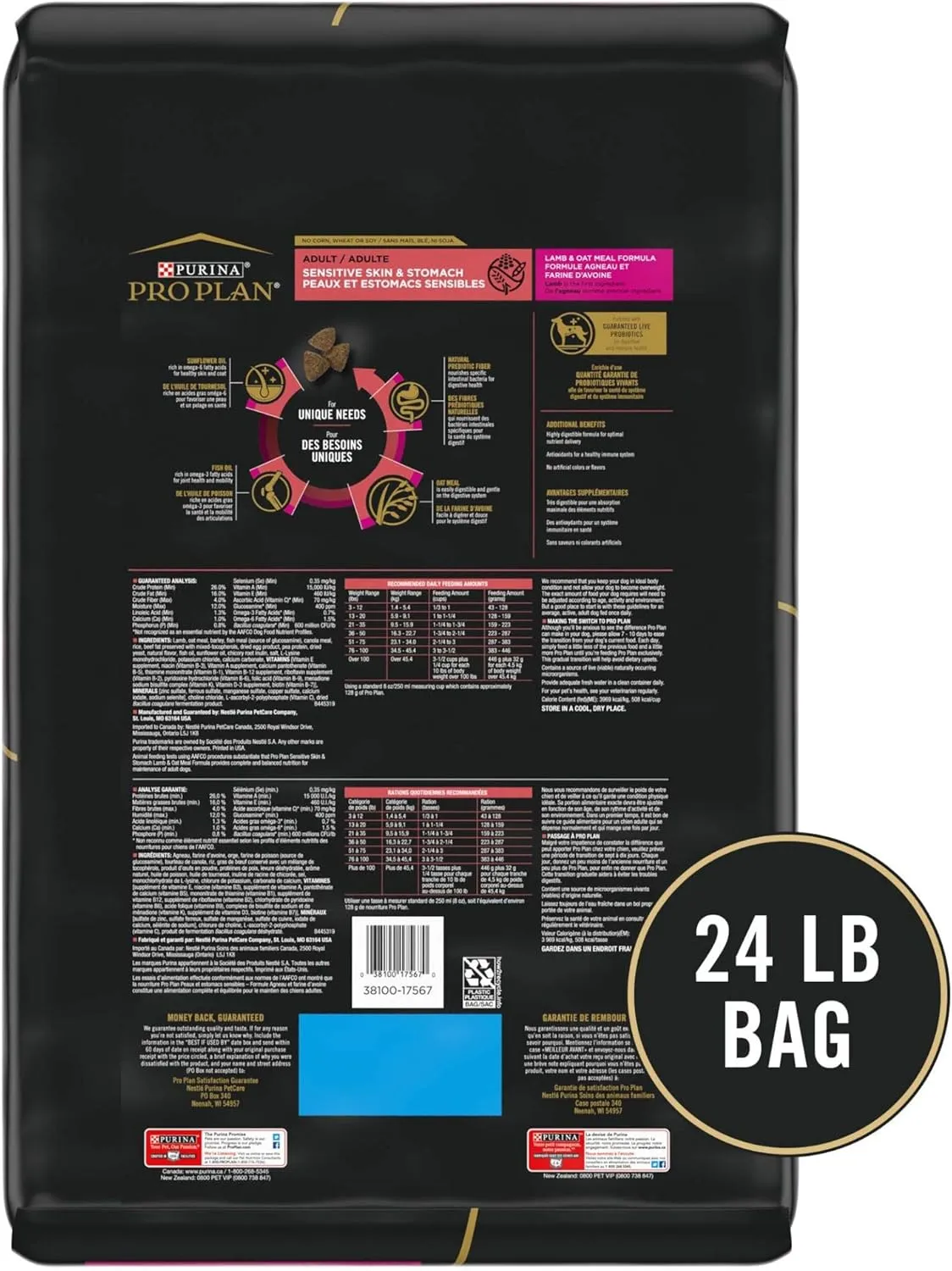 Purina Pro Plan Sensitive Skin and Sensitive Stomach Dog Food Lamb and Oat Meal Formula - 24 lb. Bag