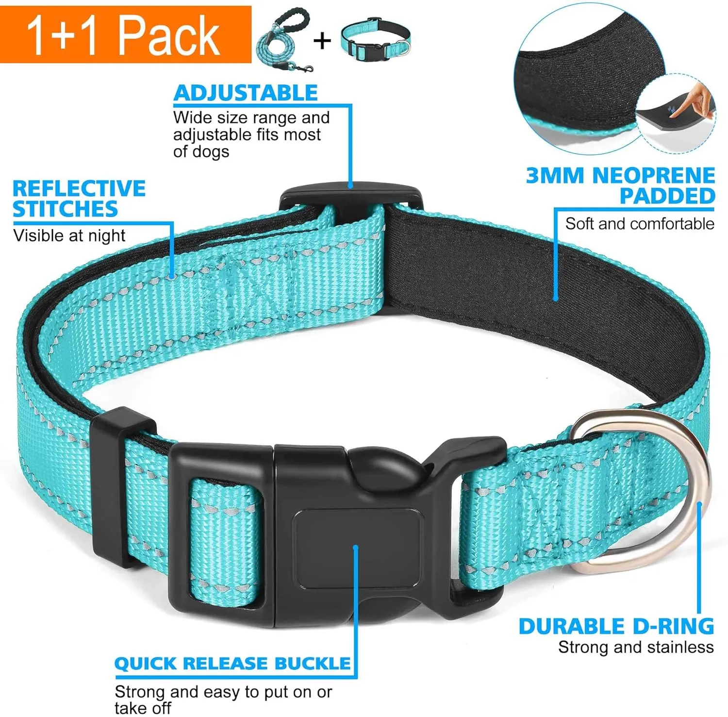 Reflective Dog Collar Padded with Soft Neoprene Breathable Adjustable Nylon Dog Collars for Small Medium Large Dogs (Medium (Pack of 1), Blue Collar Leash)
